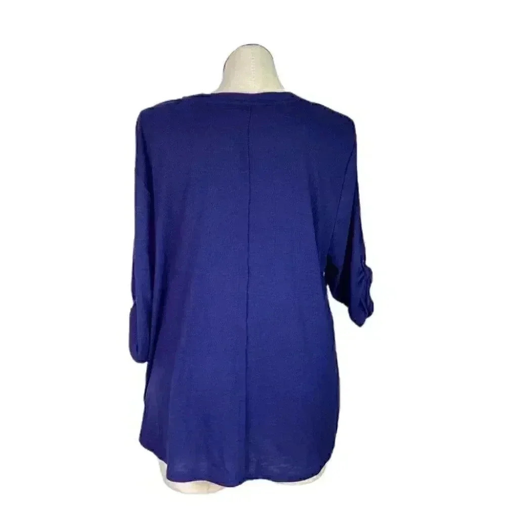 Bit & Bridle Top Women 3X Blue Geometric Cotton Blend Half Sleeve Pullover - Picture 5 of 6